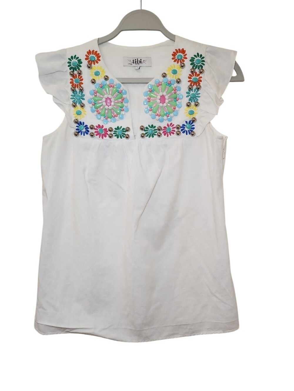Tibi sleeveless white cotton top intricate beaded floral embroidery Blouse Sz 4